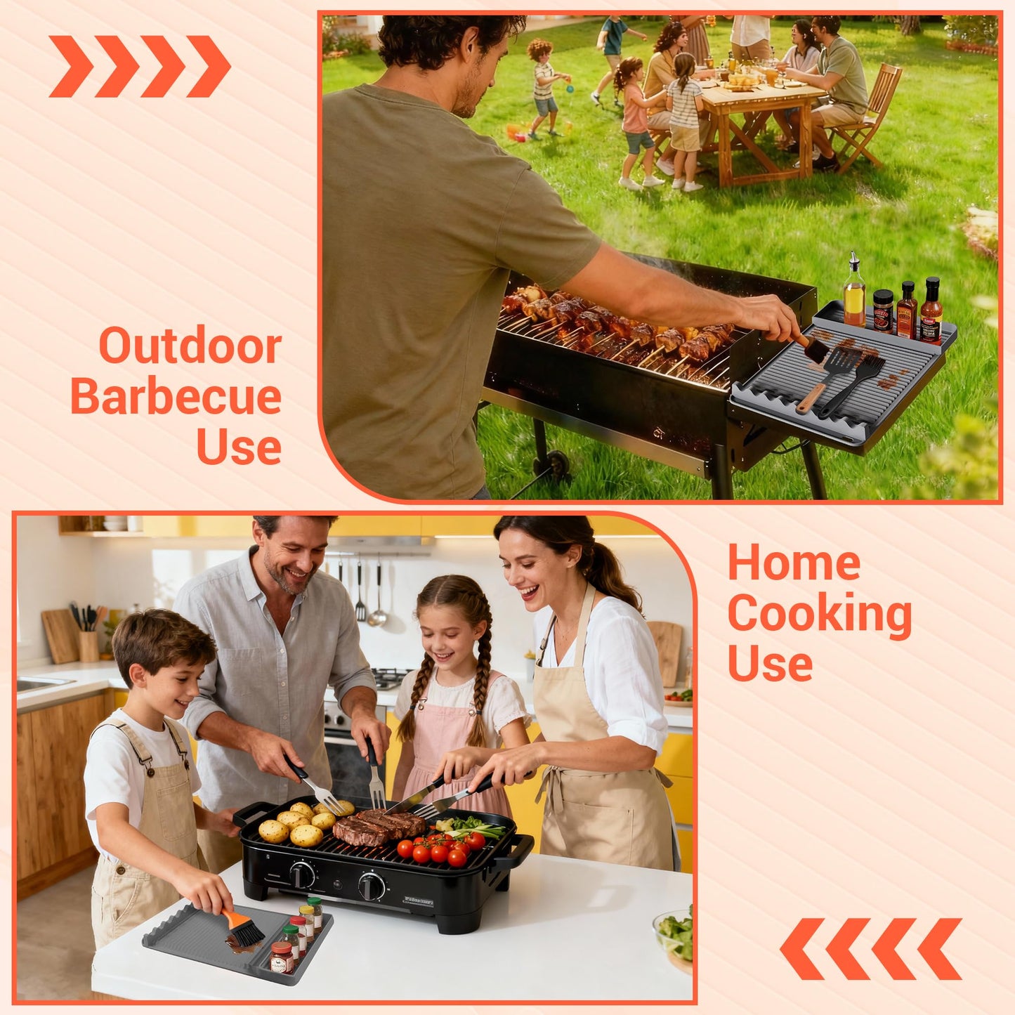 2Pack Silicone Grill Mat for Blackstone - 16x11.5 Inch Non-Slip Tool Mat with Sauce Drip Pad & Wavy Grip, Outdoor BBQ Accessories & Gifts for Men, Dad, Grilling(Orange)