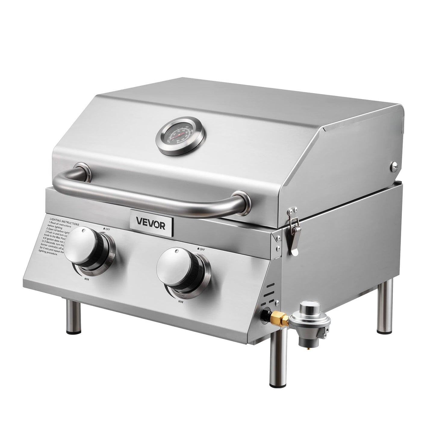 VEVOR Tabletop Gas Grill, 3-Burner Stainless Steel Portable Propane Grill, with Built-in Thermometer, Travel Locks, Weatherproof Lid, 22,500 BTU Total, for Outdoor Cooking, Patio, Party, Camping, RV