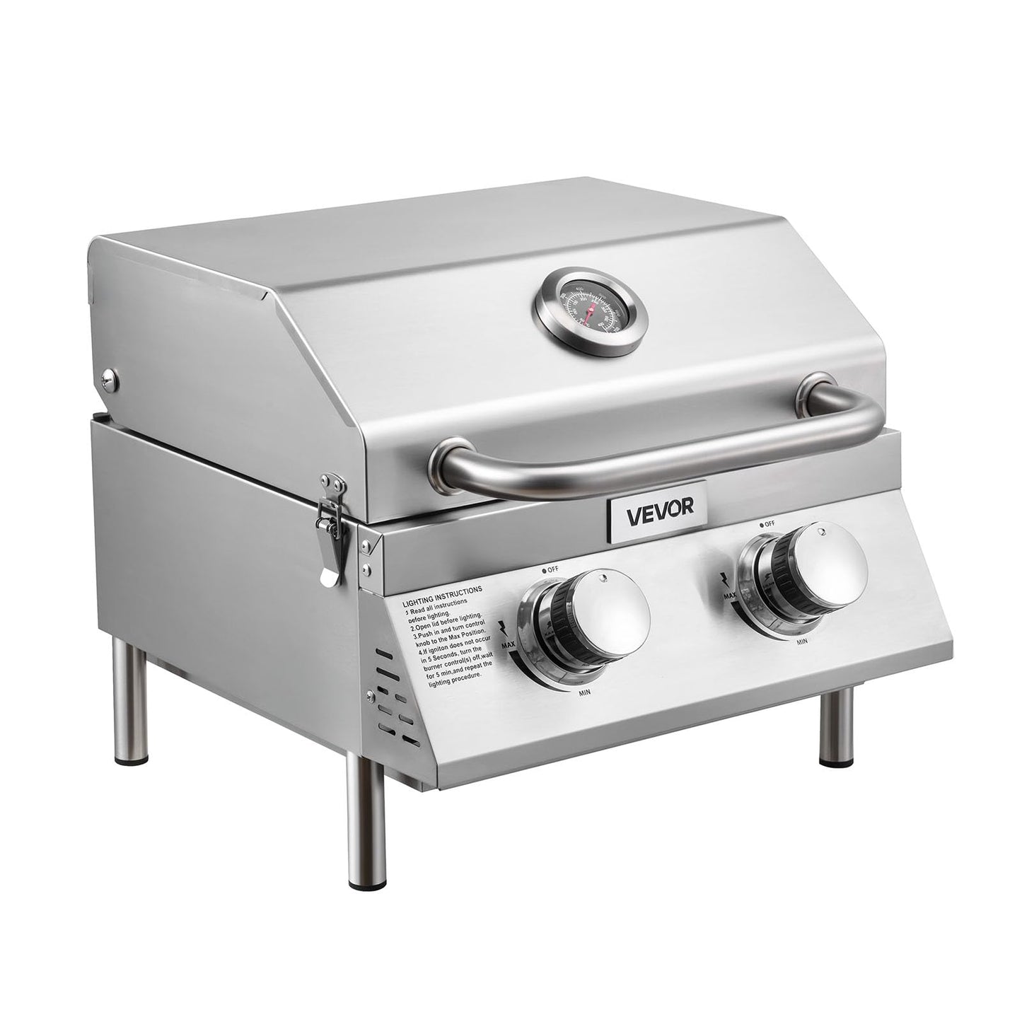 VEVOR Tabletop Gas Grill, 3-Burner Stainless Steel Portable Propane Grill, with Built-in Thermometer, Travel Locks, Weatherproof Lid, 22,500 BTU Total, for Outdoor Cooking, Patio, Party, Camping, RV