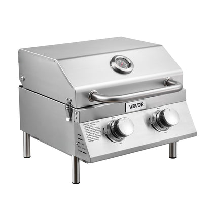 VEVOR Tabletop Gas Grill, 3-Burner Stainless Steel Portable Propane Grill, with Built-in Thermometer, Travel Locks, Weatherproof Lid, 22,500 BTU Total, for Outdoor Cooking, Patio, Party, Camping, RV