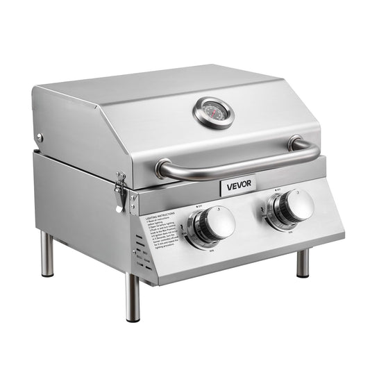 VEVOR Tabletop Gas Grill, 3-Burner Stainless Steel Portable Propane Grill, with Built-in Thermometer, Travel Locks, Weatherproof Lid, 22,500 BTU Total, for Outdoor Cooking, Patio, Party, Camping, RV