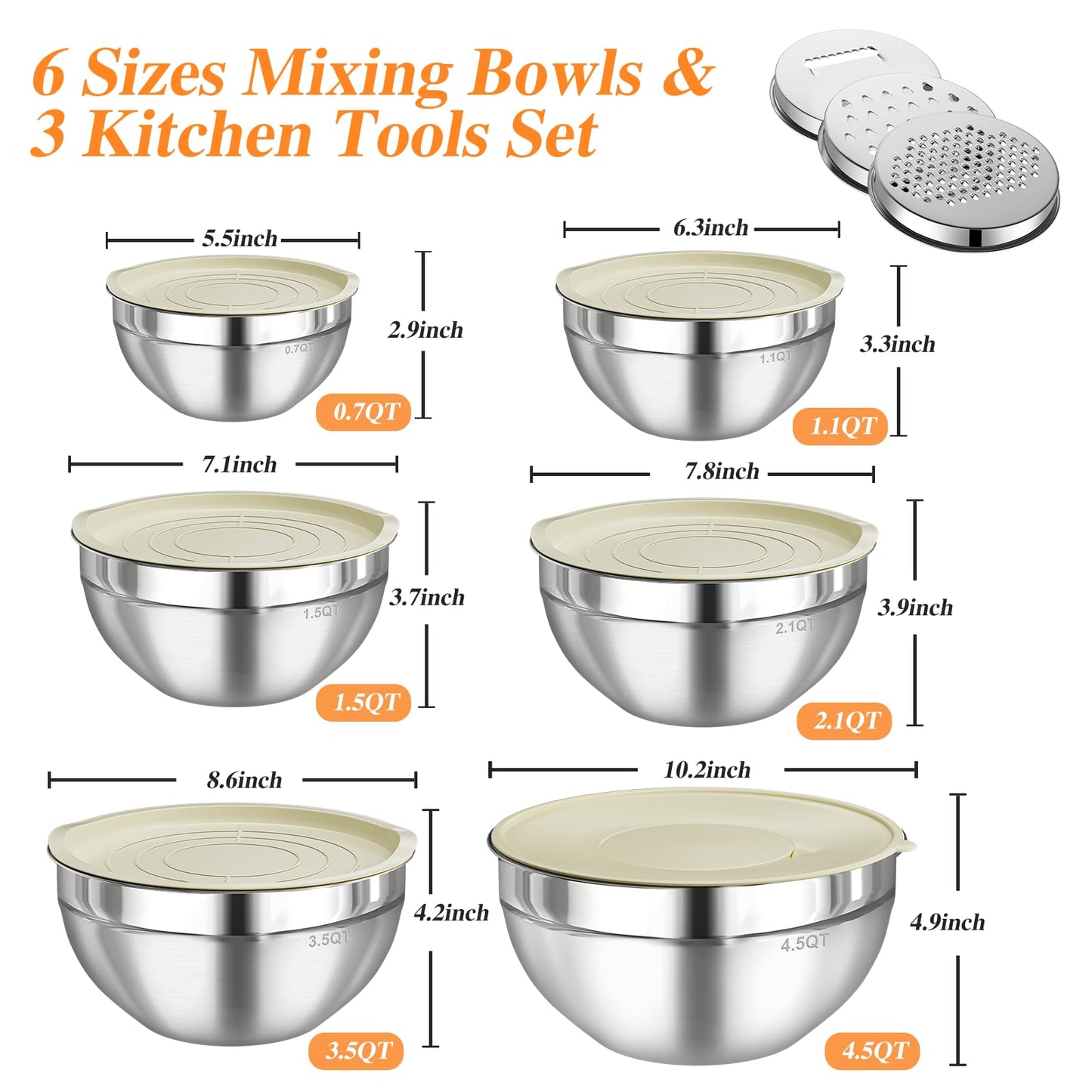 Mixing Bowls with Lids Set, 6 PCS Stainless Steel Mixing Bowls with 3 Grater Attachments, Kitchen Food Storage Organizers Nesting Mixing Bowl, Large Size 4.5, 3.5, 2.1, 1.5, 1.1, 0.7QT