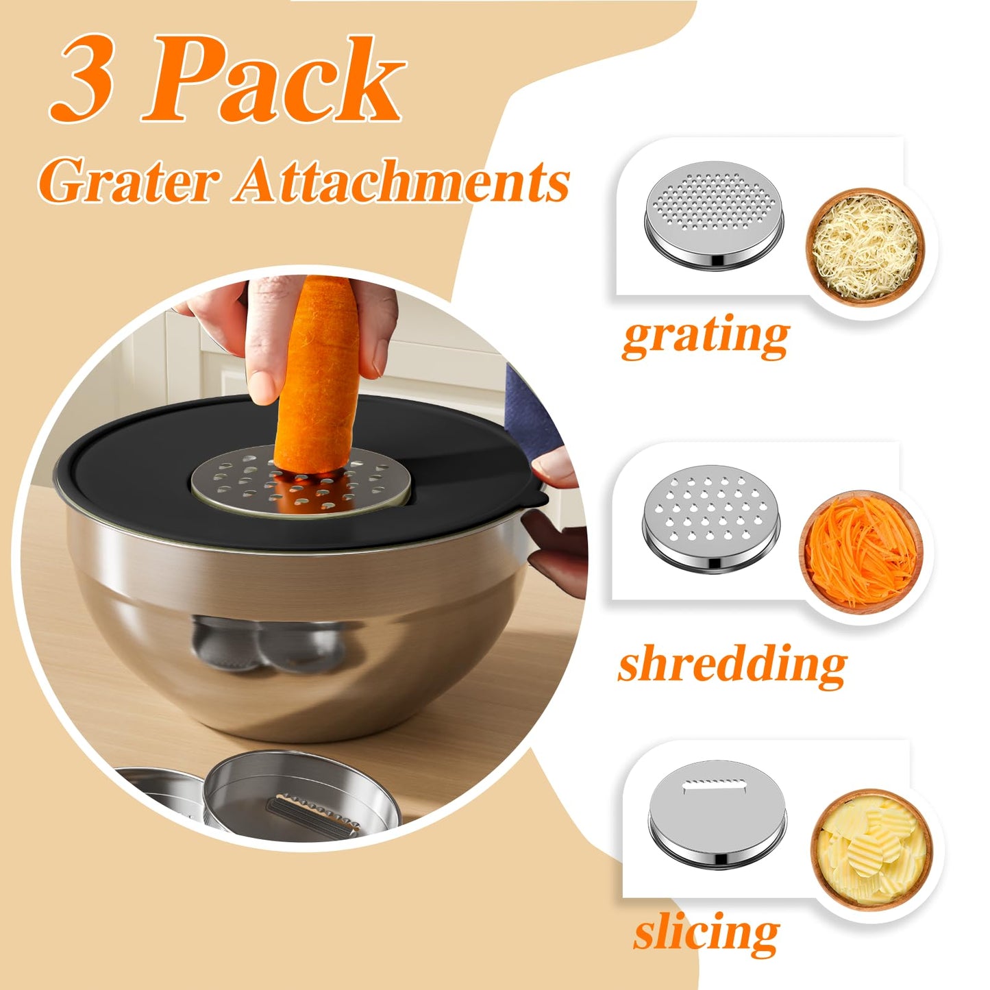 Mixing Bowls with Lids Set, 6 PCS Stainless Steel Mixing Bowls with 3 Grater Attachments, Kitchen Food Storage Organizers Nesting Mixing Bowl, Large Size 4.5, 3.5, 2.1, 1.5, 1.1, 0.7QT