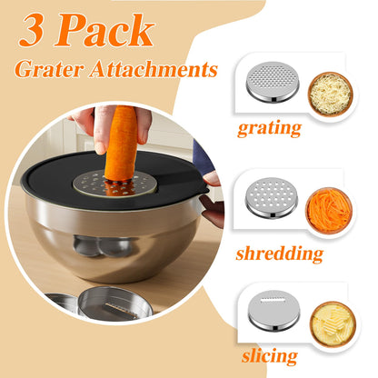 Mixing Bowls with Lids Set, 6 PCS Stainless Steel Mixing Bowls with 3 Grater Attachments, Kitchen Food Storage Organizers Nesting Mixing Bowl, Large Size 4.5, 3.5, 2.1, 1.5, 1.1, 0.7QT