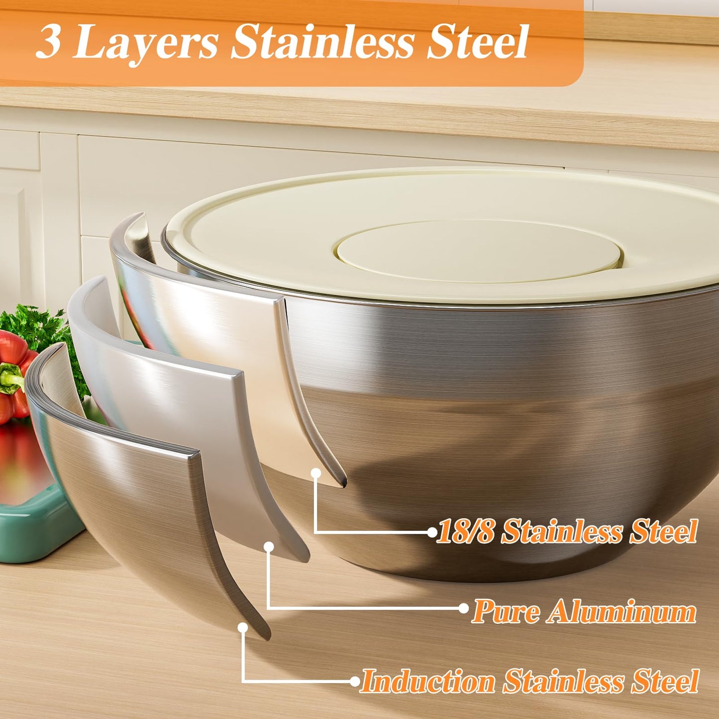 Mixing Bowls with Lids Set, 6 PCS Stainless Steel Mixing Bowls with 3 Grater Attachments, Kitchen Food Storage Organizers Nesting Mixing Bowl, Large Size 4.5, 3.5, 2.1, 1.5, 1.1, 0.7QT