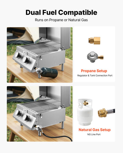 VEVOR Tabletop Gas Grill, 3-Burner Stainless Steel Portable Propane Grill, with Built-in Thermometer, Travel Locks, Weatherproof Lid, 22,500 BTU Total, for Outdoor Cooking, Patio, Party, Camping, RV