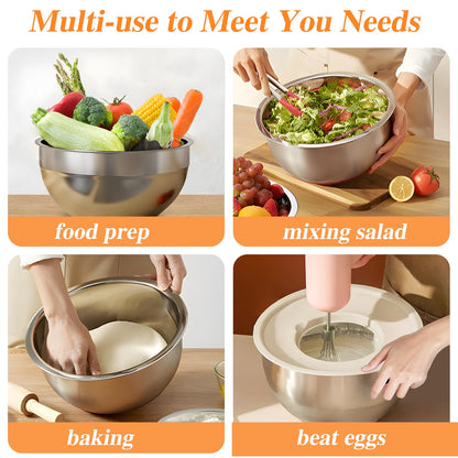 Mixing Bowls with Lids Set, 6 PCS Stainless Steel Mixing Bowls with 3 Grater Attachments, Kitchen Food Storage Organizers Nesting Mixing Bowl, Large Size 4.5, 3.5, 2.1, 1.5, 1.1, 0.7QT
