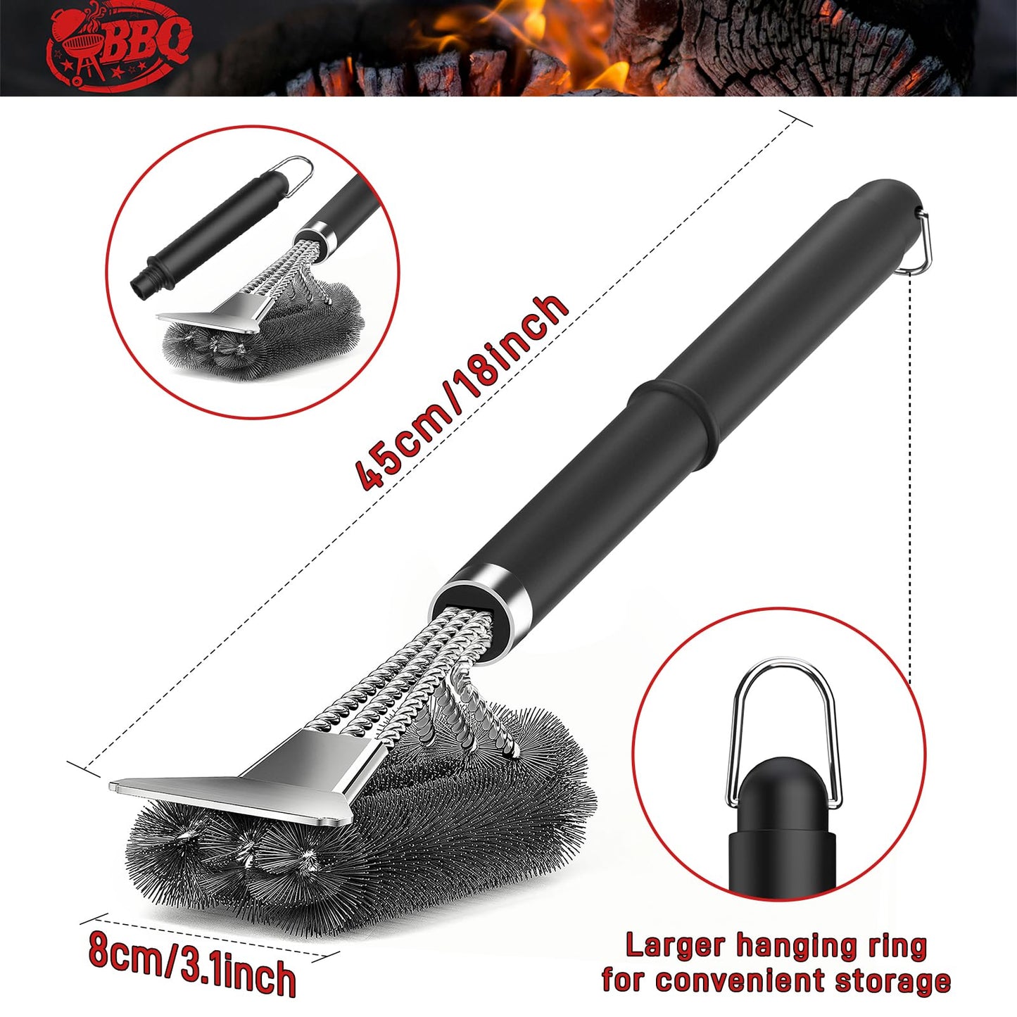 TNTOR Grill Brush with Scraper, 18" Adjustable Handle BBQ Grill Brush for Outdoor Grill, Extra Strong Grill Cleaner Accessories for Grill/Smoker/Gas/Charcoal Grill Cleaning-Grill Gifts for Men/Dad