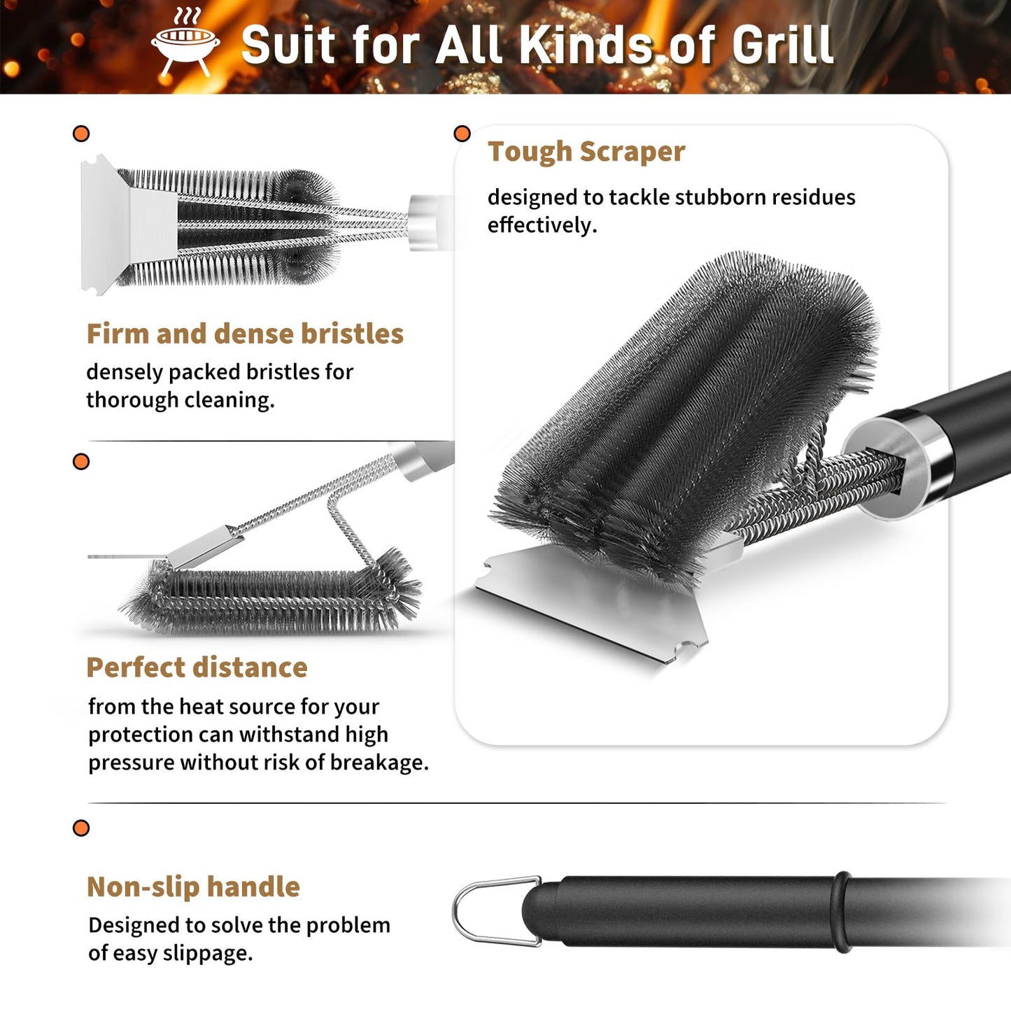 TNTOR Grill Brush with Scraper, 18" Adjustable Handle BBQ Grill Brush for Outdoor Grill, Extra Strong Grill Cleaner Accessories for Grill/Smoker/Gas/Charcoal Grill Cleaning-Grill Gifts for Men/Dad