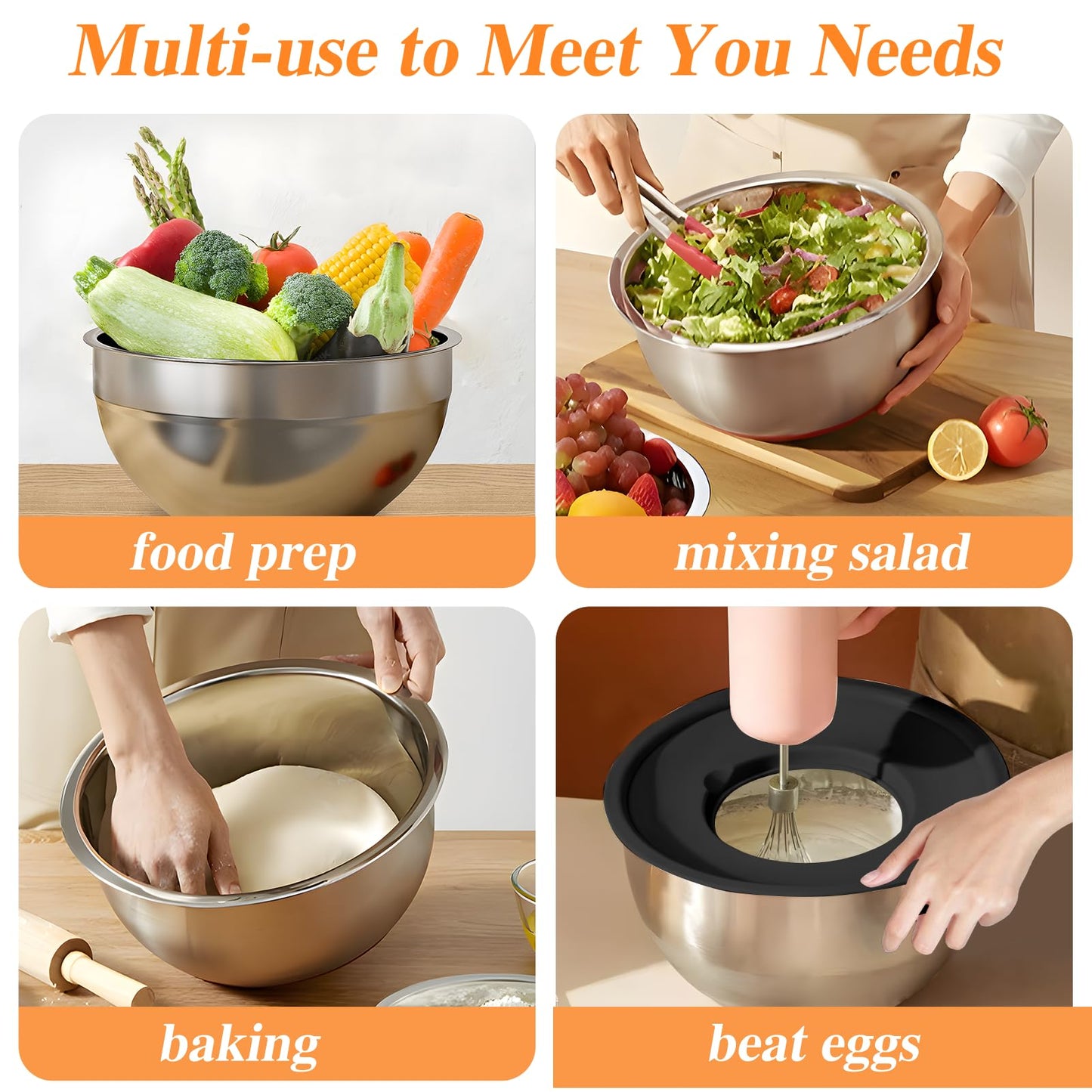 Mixing Bowls with Lids Set, 6 PCS Stainless Steel Mixing Bowls with 3 Grater Attachments, Kitchen Food Storage Organizers Nesting Mixing Bowl, Large Size 4.5, 3.5, 2.1, 1.5, 1.1, 0.7QT