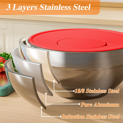 Mixing Bowls with Lids Set, 6 PCS Stainless Steel Mixing Bowls with 3 Grater Attachments, Kitchen Food Storage Organizers Nesting Mixing Bowl, Large Size 4.5, 3.5, 2.1, 1.5, 1.1, 0.7QT