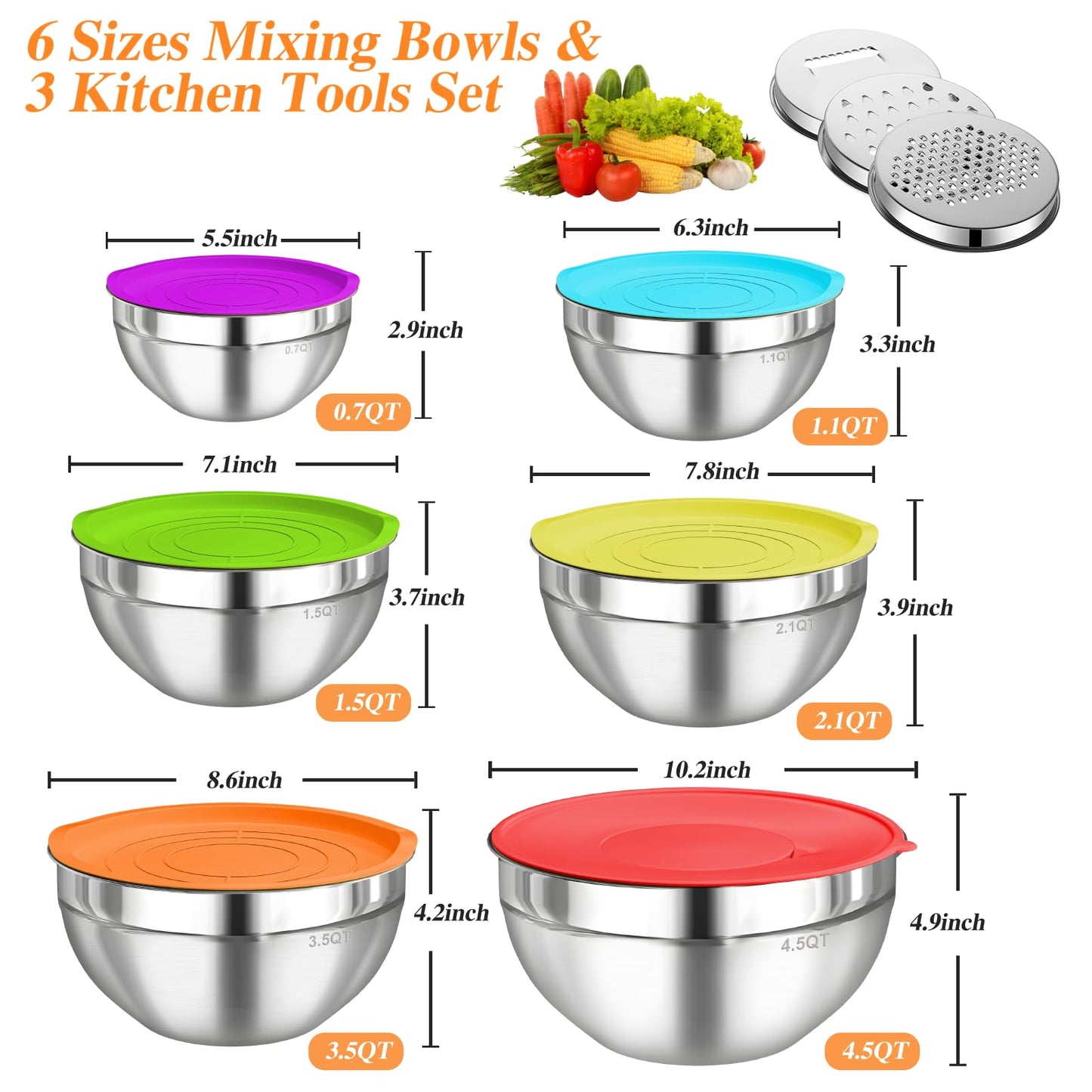 Mixing Bowls with Lids Set, 6 PCS Stainless Steel Mixing Bowls with 3 Grater Attachments, Kitchen Food Storage Organizers Nesting Mixing Bowl, Large Size 4.5, 3.5, 2.1, 1.5, 1.1, 0.7QT