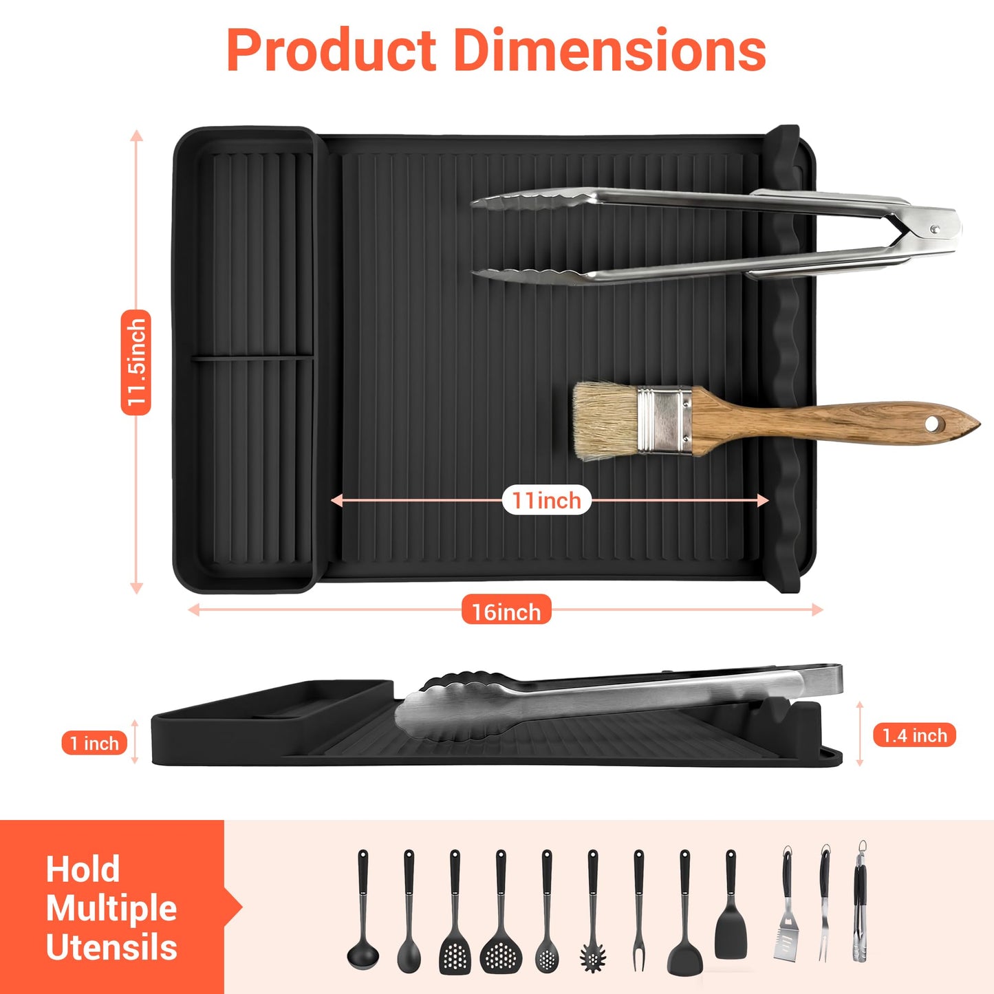 2Pack Silicone Grill Mat for Blackstone - 16x11.5 Inch Non-Slip Tool Mat with Sauce Drip Pad & Wavy Grip, Outdoor BBQ Accessories & Gifts for Men, Dad, Grilling（Orange）