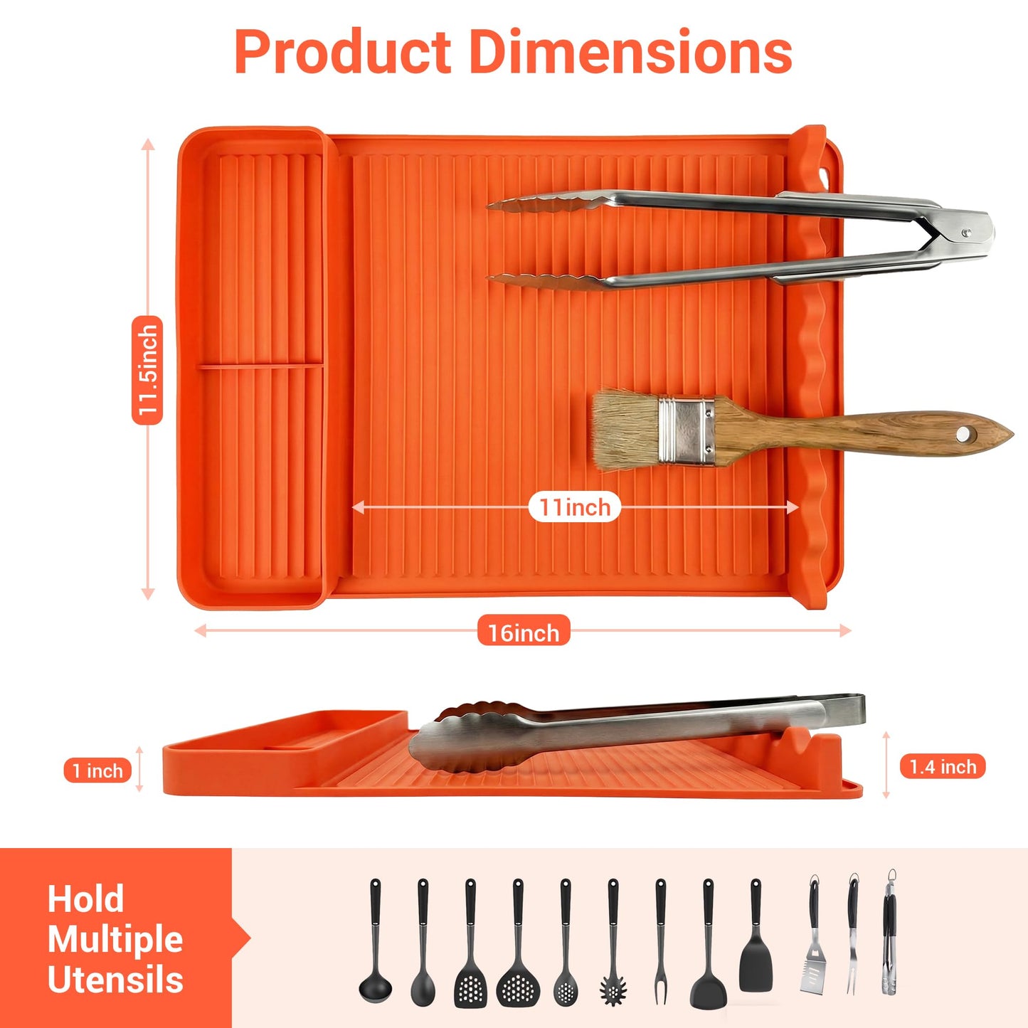 2Pack Silicone Grill Mat for Blackstone - 16x11.5 Inch Non-Slip Tool Mat with Sauce Drip Pad & Wavy Grip, Outdoor BBQ Accessories & Gifts for Men, Dad, Grilling（Orange）