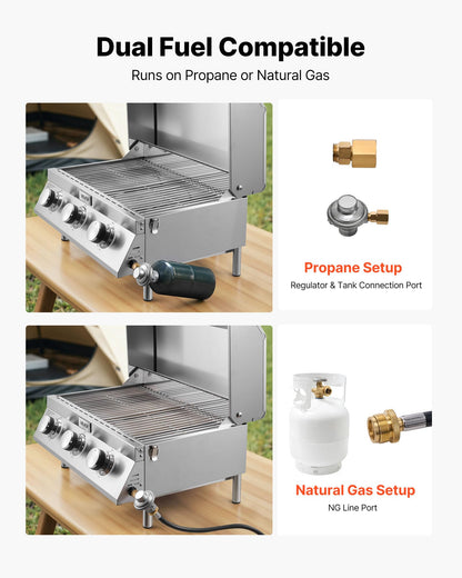 VEVOR Tabletop Gas Grill, 3-Burner Stainless Steel Portable Propane Grill, with Built-in Thermometer, Travel Locks, Weatherproof Lid, 22,500 BTU Total, for Outdoor Cooking, Patio, Party, Camping, RV