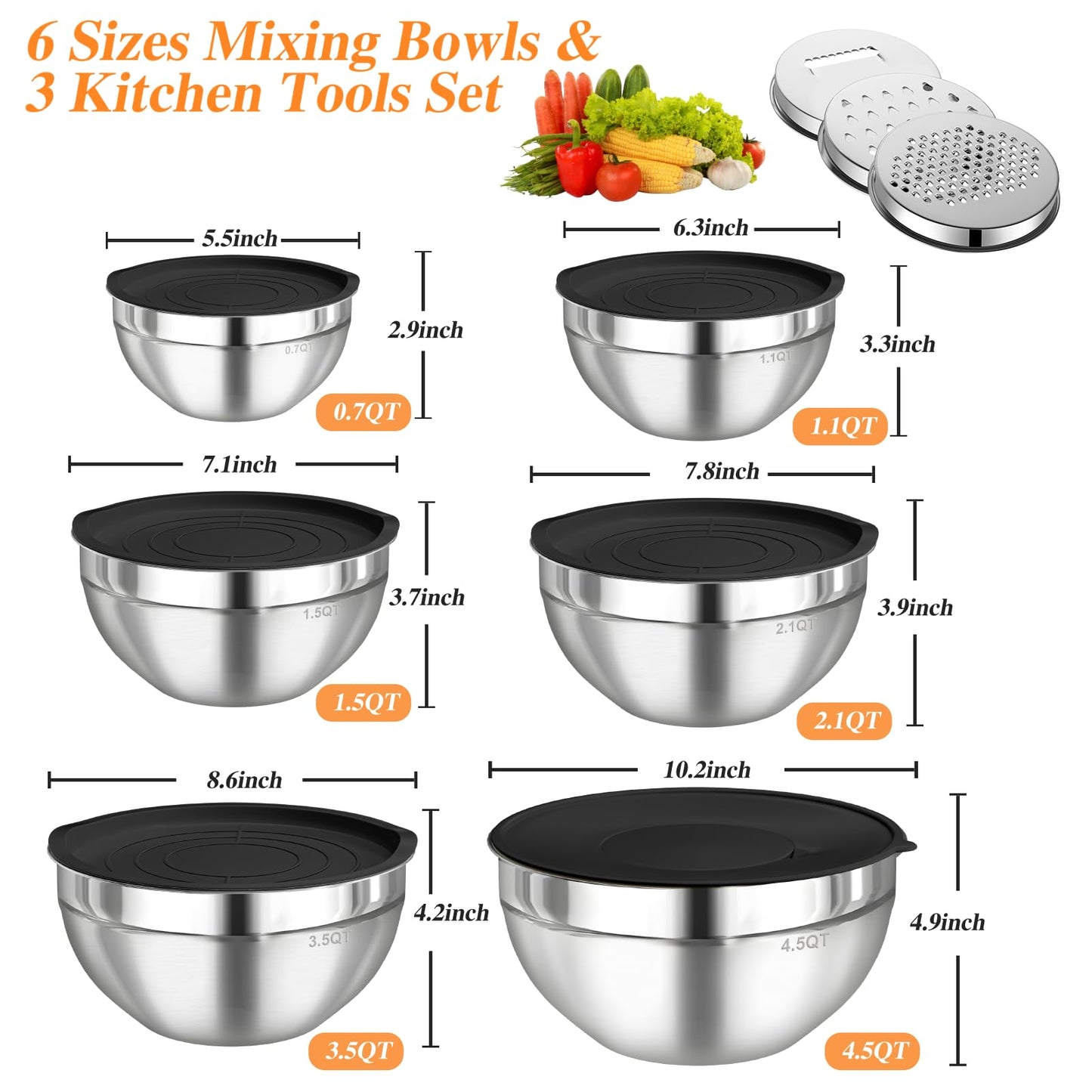 Mixing Bowls with Lids Set, 6 PCS Stainless Steel Mixing Bowls with 3 Grater Attachments, Kitchen Food Storage Organizers Nesting Mixing Bowl, Large Size 4.5, 3.5, 2.1, 1.5, 1.1, 0.7QT