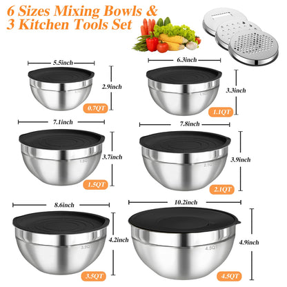 Mixing Bowls with Lids Set, 6 PCS Stainless Steel Mixing Bowls with 3 Grater Attachments, Kitchen Food Storage Organizers Nesting Mixing Bowl, Large Size 4.5, 3.5, 2.1, 1.5, 1.1, 0.7QT