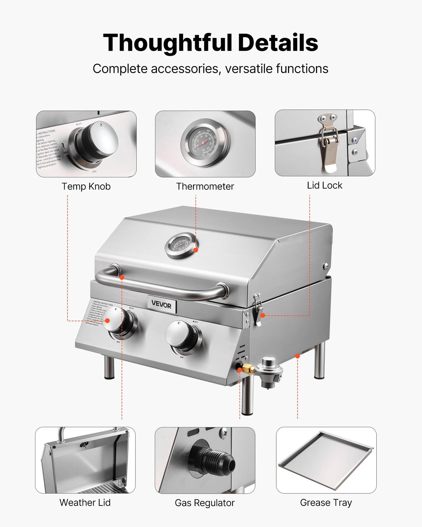 VEVOR Tabletop Gas Grill, 3-Burner Stainless Steel Portable Propane Grill, with Built-in Thermometer, Travel Locks, Weatherproof Lid, 22,500 BTU Total, for Outdoor Cooking, Patio, Party, Camping, RV