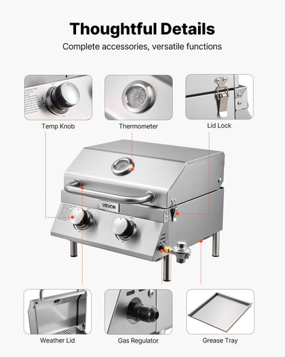 VEVOR Tabletop Gas Grill, 3-Burner Stainless Steel Portable Propane Grill, with Built-in Thermometer, Travel Locks, Weatherproof Lid, 22,500 BTU Total, for Outdoor Cooking, Patio, Party, Camping, RV