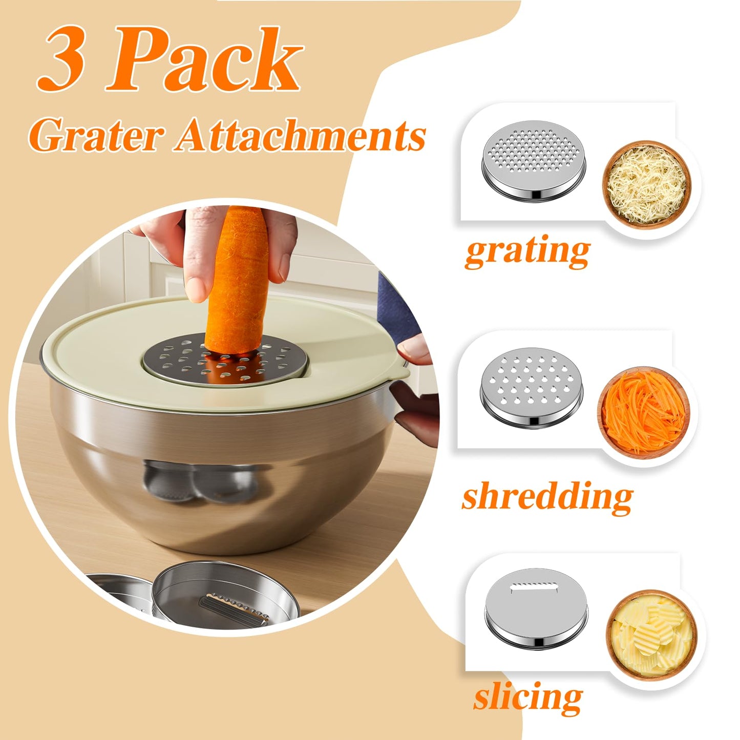Mixing Bowls with Lids Set, 6 PCS Stainless Steel Mixing Bowls with 3 Grater Attachments, Kitchen Food Storage Organizers Nesting Mixing Bowl, Large Size 4.5, 3.5, 2.1, 1.5, 1.1, 0.7QT