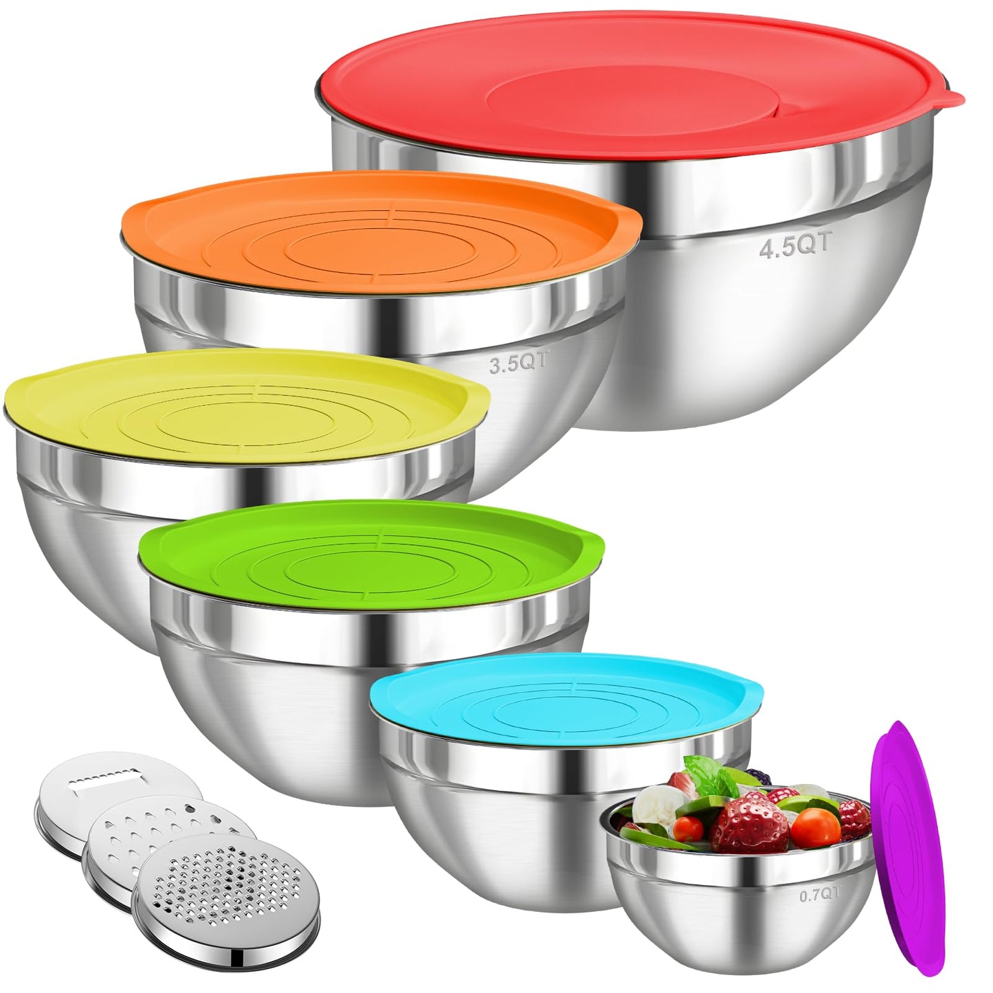 Mixing Bowls with Lids Set, 6 PCS Stainless Steel Mixing Bowls with 3 Grater Attachments, Kitchen Food Storage Organizers Nesting Mixing Bowl, Large Size 4.5, 3.5, 2.1, 1.5, 1.1, 0.7QT