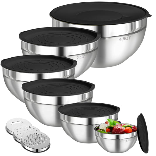 Mixing Bowls with Lids Set, 6 PCS Stainless Steel Mixing Bowls with 3 Grater Attachments, Kitchen Food Storage Organizers Nesting Mixing Bowl, Large Size 4.5, 3.5, 2.1, 1.5, 1.1, 0.7QT
