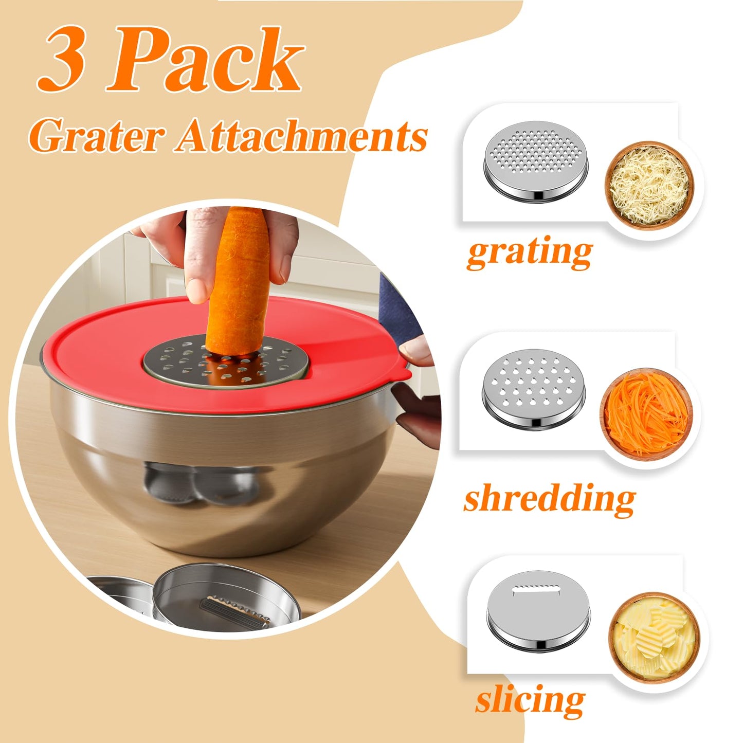 Mixing Bowls with Lids Set, 6 PCS Stainless Steel Mixing Bowls with 3 Grater Attachments, Kitchen Food Storage Organizers Nesting Mixing Bowl, Large Size 4.5, 3.5, 2.1, 1.5, 1.1, 0.7QT