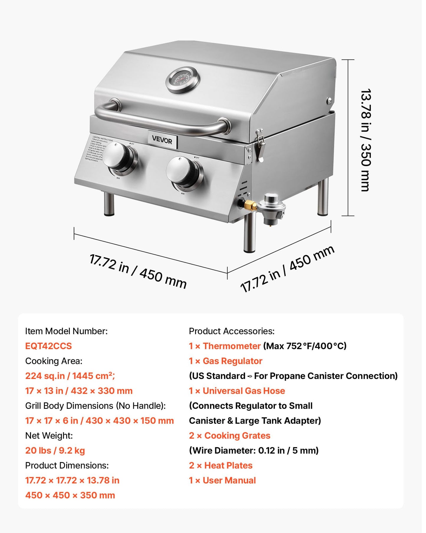VEVOR Tabletop Gas Grill, 3-Burner Stainless Steel Portable Propane Grill, with Built-in Thermometer, Travel Locks, Weatherproof Lid, 22,500 BTU Total, for Outdoor Cooking, Patio, Party, Camping, RV