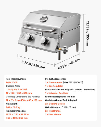 VEVOR Tabletop Gas Grill, 3-Burner Stainless Steel Portable Propane Grill, with Built-in Thermometer, Travel Locks, Weatherproof Lid, 22,500 BTU Total, for Outdoor Cooking, Patio, Party, Camping, RV