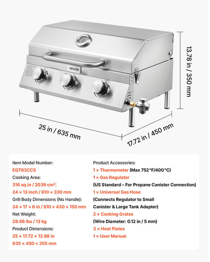 VEVOR Tabletop Gas Grill, 3-Burner Stainless Steel Portable Propane Grill, with Built-in Thermometer, Travel Locks, Weatherproof Lid, 22,500 BTU Total, for Outdoor Cooking, Patio, Party, Camping, RV
