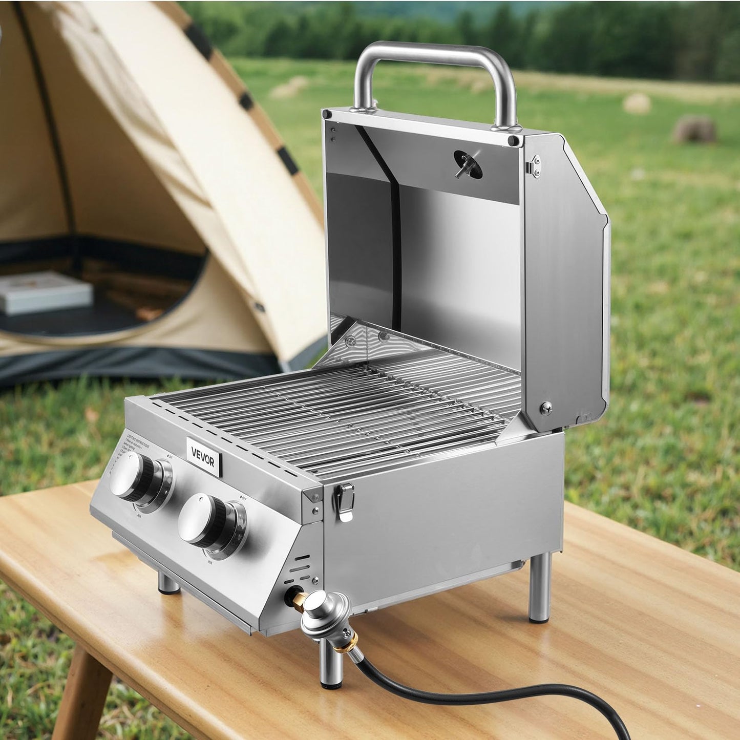 VEVOR Tabletop Gas Grill, 3-Burner Stainless Steel Portable Propane Grill, with Built-in Thermometer, Travel Locks, Weatherproof Lid, 22,500 BTU Total, for Outdoor Cooking, Patio, Party, Camping, RV