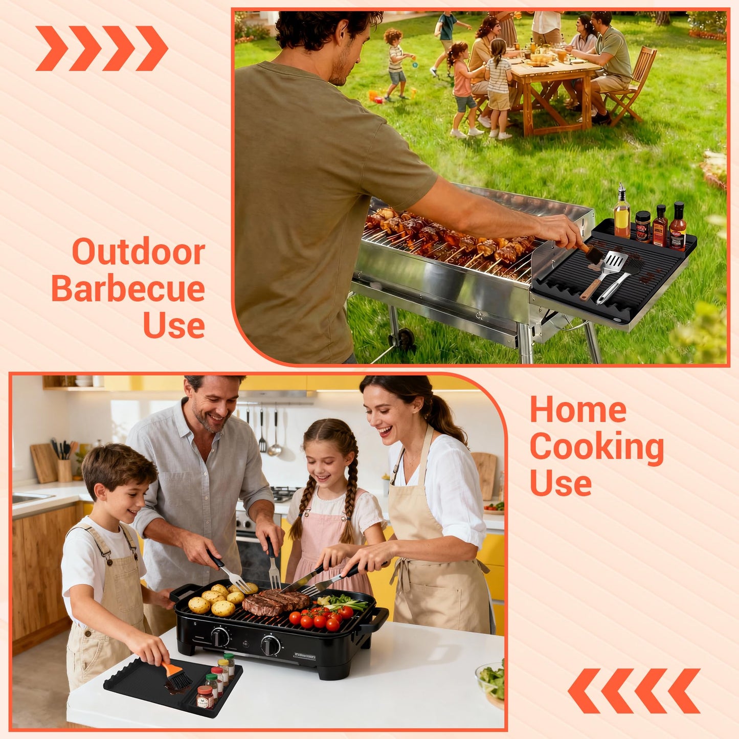 2Pack Silicone Grill Mat for Blackstone - 16x11.5 Inch Non-Slip Tool Mat with Sauce Drip Pad & Wavy Grip, Outdoor BBQ Accessories & Gifts for Men, Dad, Grilling（Orange）