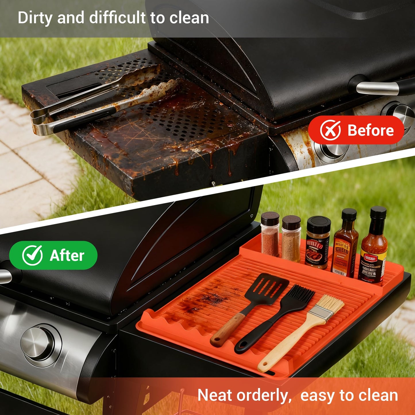 2Pack Silicone Grill Mat for Blackstone - 16x11.5 Inch Non-Slip Tool Mat with Sauce Drip Pad & Wavy Grip, Outdoor BBQ Accessories & Gifts for Men, Dad, Grilling（Orange）
