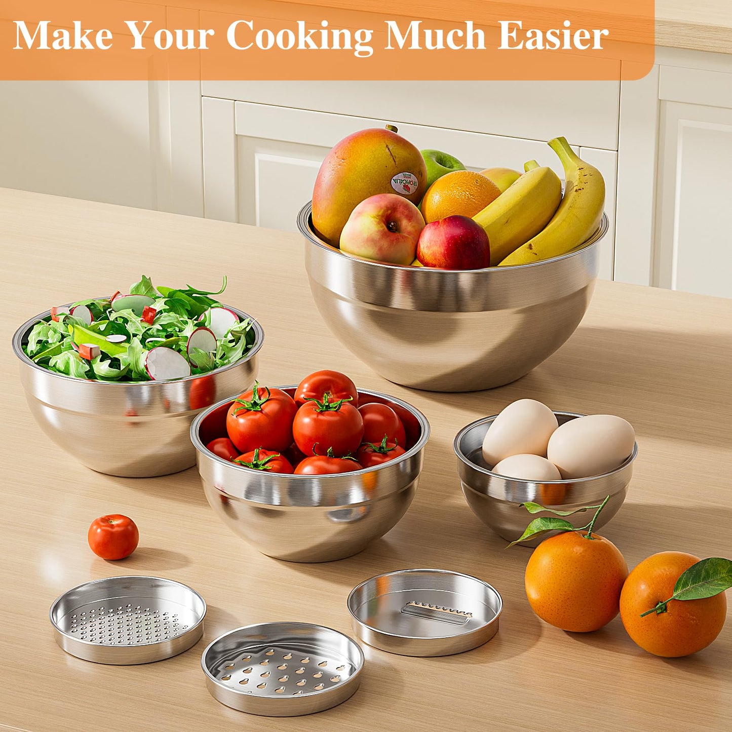 Mixing Bowls with Lids Set, 6 PCS Stainless Steel Mixing Bowls with 3 Grater Attachments, Kitchen Food Storage Organizers Nesting Mixing Bowl, Large Size 4.5, 3.5, 2.1, 1.5, 1.1, 0.7QT