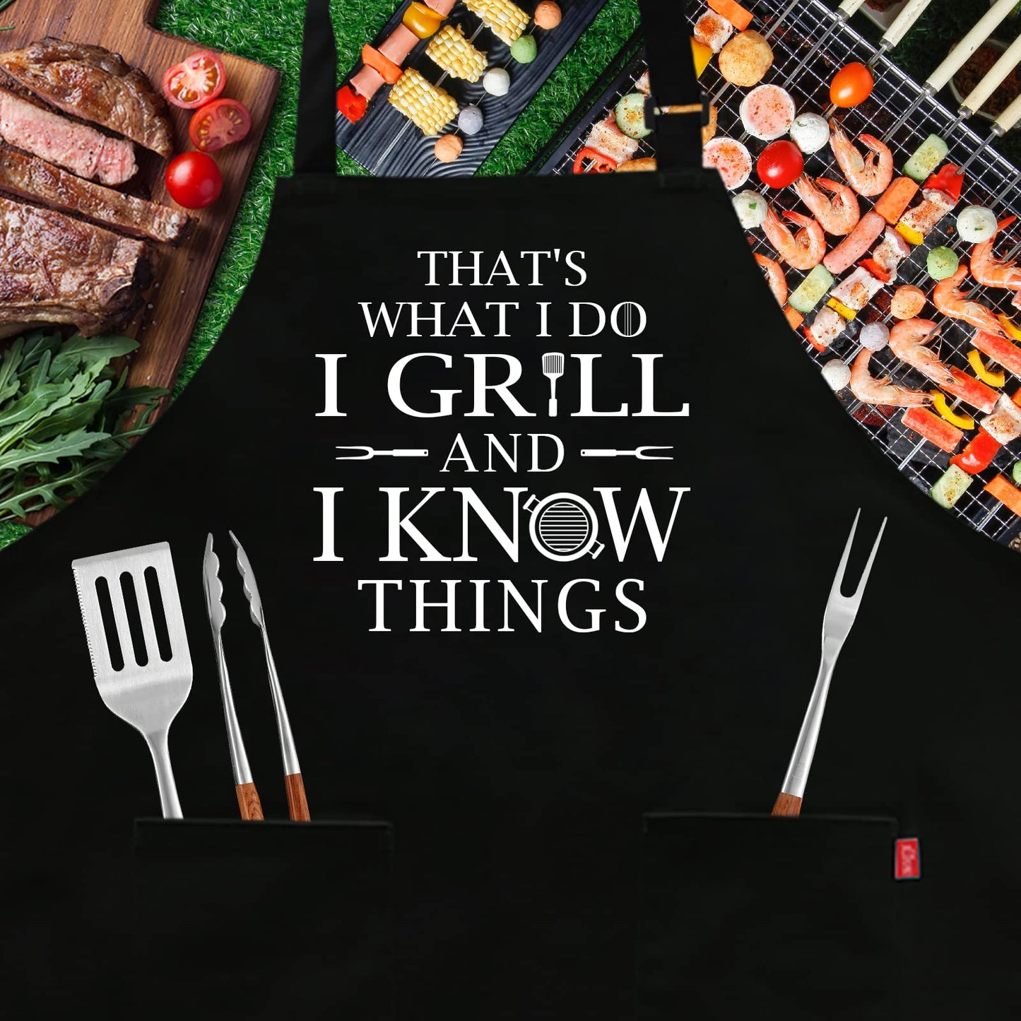 Funny Grilling Aprons for Men - BBQ Cooking Apron with 2 Pockets, Adjustable Neck Strap and 40" Long Ties - That's What I Do I Grill and I Know Things