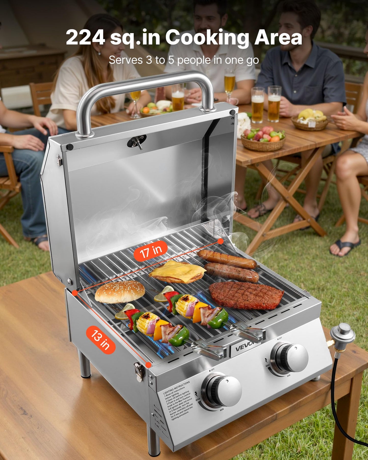 VEVOR Tabletop Gas Grill, 3-Burner Stainless Steel Portable Propane Grill, with Built-in Thermometer, Travel Locks, Weatherproof Lid, 22,500 BTU Total, for Outdoor Cooking, Patio, Party, Camping, RV
