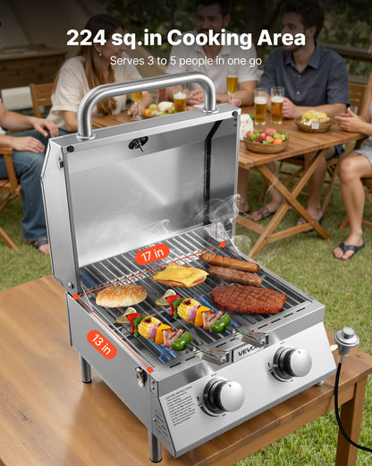 VEVOR Tabletop Gas Grill, 3-Burner Stainless Steel Portable Propane Grill, with Built-in Thermometer, Travel Locks, Weatherproof Lid, 22,500 BTU Total, for Outdoor Cooking, Patio, Party, Camping, RV