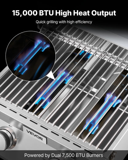 VEVOR Tabletop Gas Grill, 3-Burner Stainless Steel Portable Propane Grill, with Built-in Thermometer, Travel Locks, Weatherproof Lid, 22,500 BTU Total, for Outdoor Cooking, Patio, Party, Camping, RV
