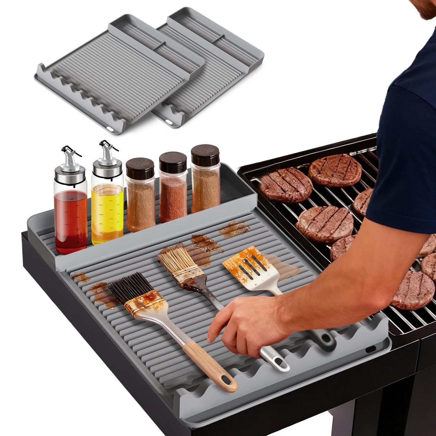 2Pack Silicone Grill Mat for Blackstone - 16x11.5 Inch Non-Slip Tool Mat with Sauce Drip Pad & Wavy Grip, Outdoor BBQ Accessories & Gifts for Men, Dad, Grilling（Orange）