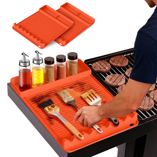 2Pack Silicone Grill Mat for Blackstone - 16x11.5 Inch Non-Slip Tool Mat with Sauce Drip Pad & Wavy Grip, Outdoor BBQ Accessories & Gifts for Men, Dad, Grilling（Orange）