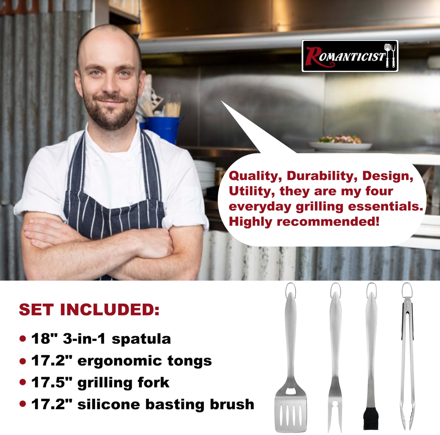 ROMANTICIST 4pcs Heavy Duty Grill Accessories for Top Chef - Professional Grill Tool Set & Basic BBQ Tools for Backyard Restaurant Outdoor Kitchen - Deluxe Grill Gift for Dad on Father’s Day Christmas